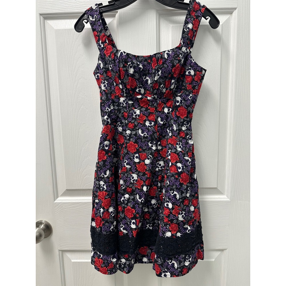 Hot Topic Skull Rose Floral Lace Trim Fit Flare Dress Gothic Rockabilly Small
